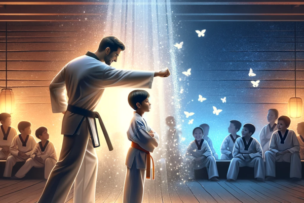An image depicting the empowering role of Taekwondo in helping children deal with bullying, without any text. Visualize a Taekwondo dojang where a chi