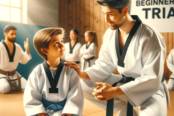 An image showcasing a beginner's trial lesson in Taekwondo at Creative Ways Taekwondo, emphasizing the welcoming and educational atmosphere, without a